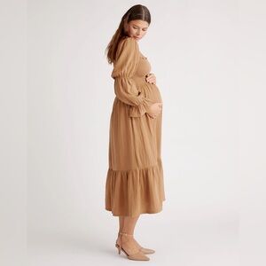 Quince Camel Brown Midi Smocked Maternity Dress